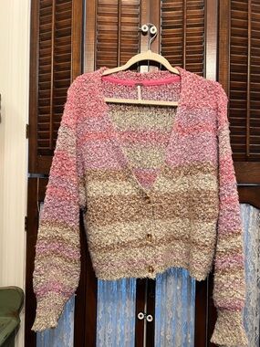 Free People Cozy Striped V-Neck Bouclé Cardigan - Pink & Brown